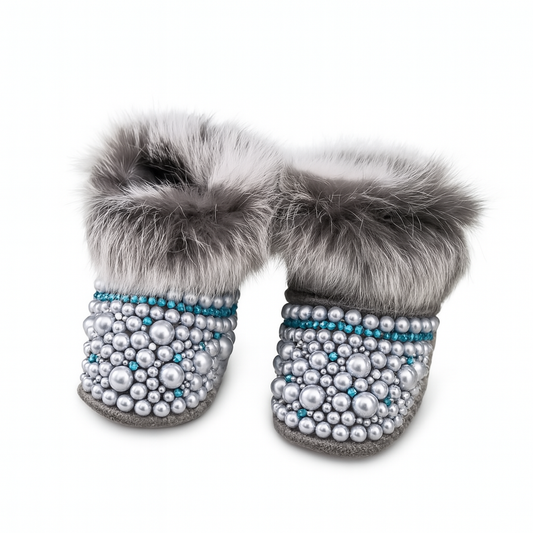 Chausson Bébé Avec Perles à fourrure Gris